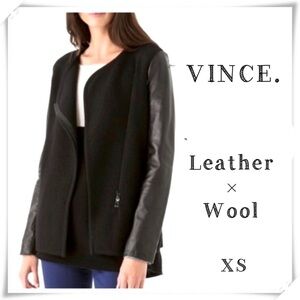 VINCE. Blended Leather Sleeve Wool Moto Sweater Blazer Jacket in Black